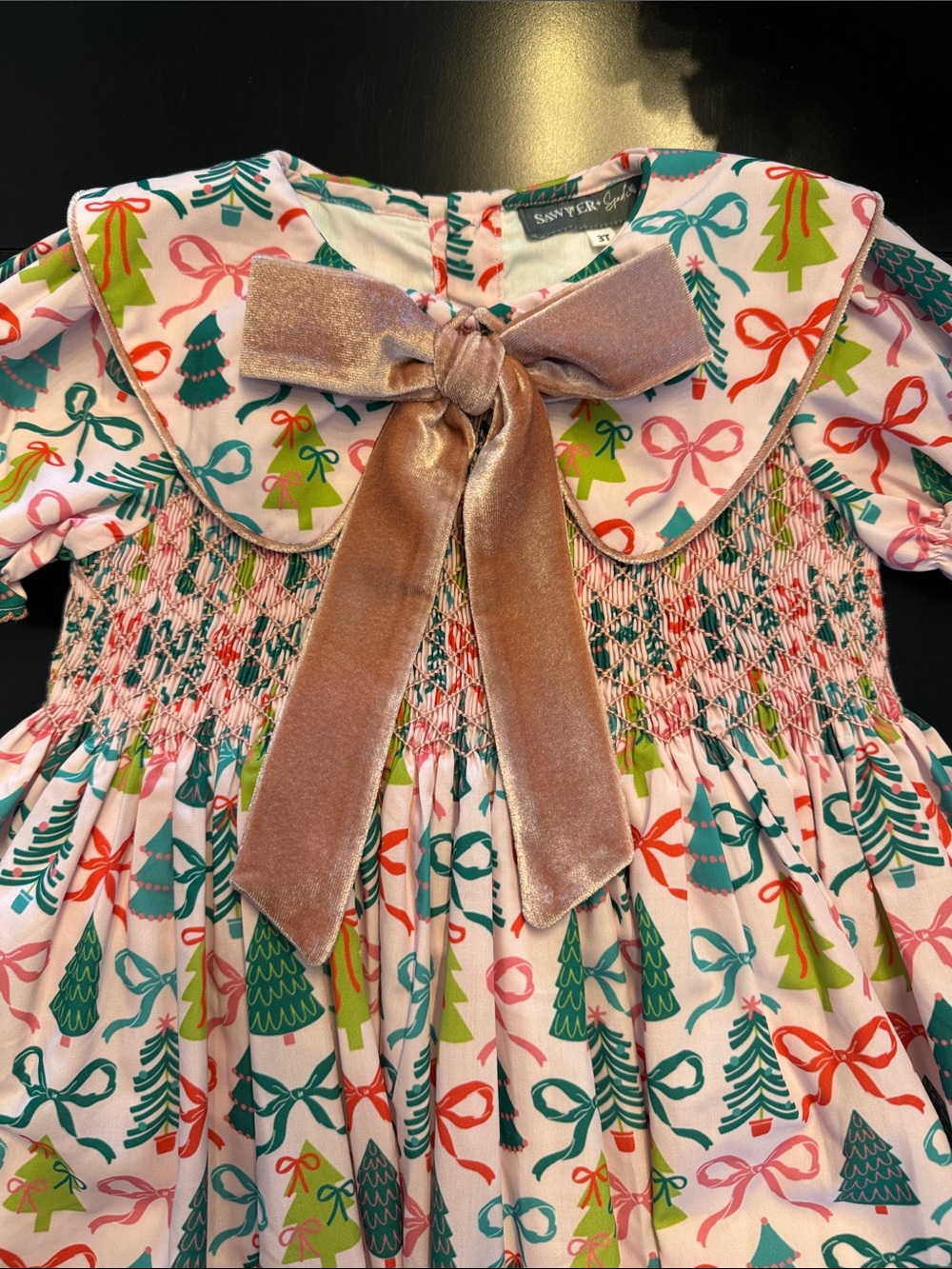 Pink Velvet Bow Smocked Holiday Dress